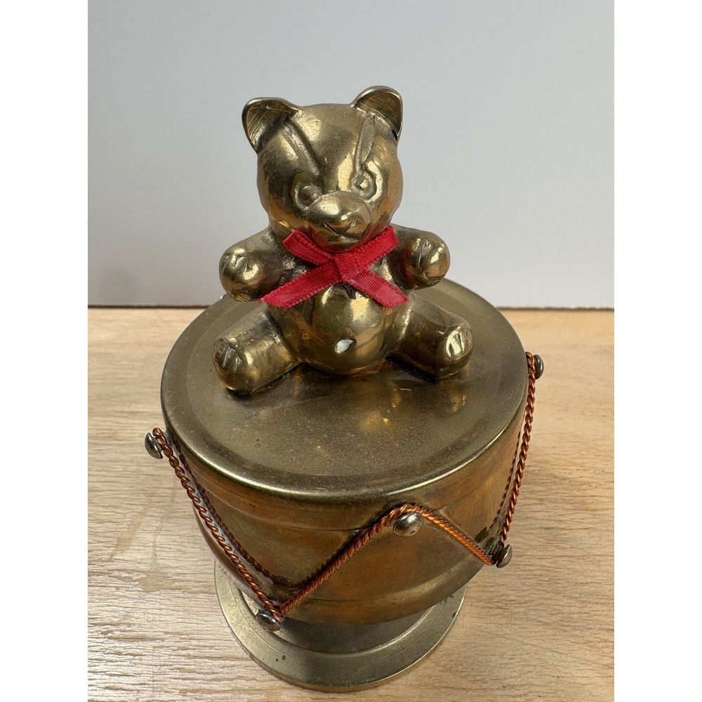 Vintage George Good Brass Teddy Bear Music Box Wind Up Snare Drum Nursery Taiwan